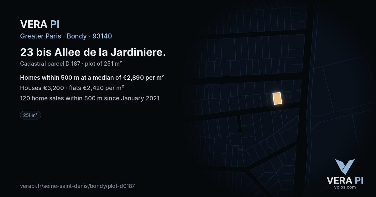 23 bis Allee de la Jardiniere, Bondy at night – the plot lit, the parcels around coloured by the prices near them