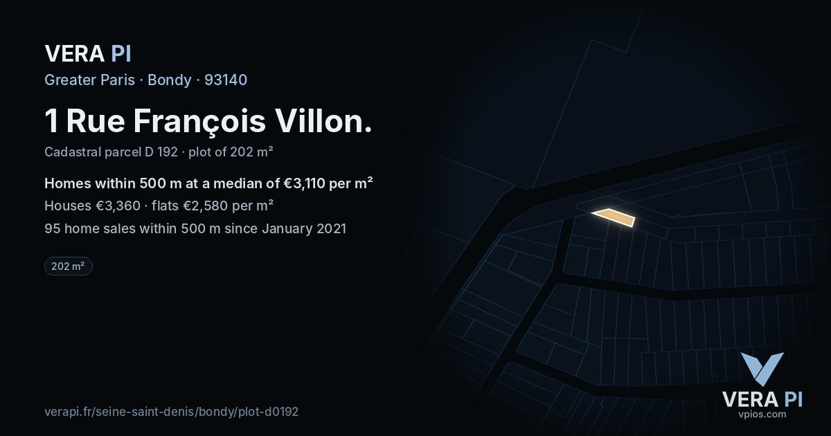 1 Rue François Villon, Bondy at night – the plot lit, the parcels around coloured by the prices near them