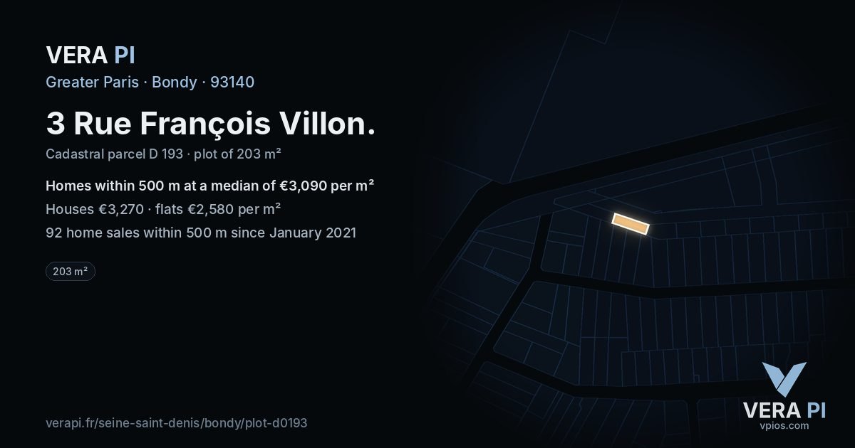 3 Rue François Villon, Bondy at night – the plot lit, the parcels around coloured by the prices near them