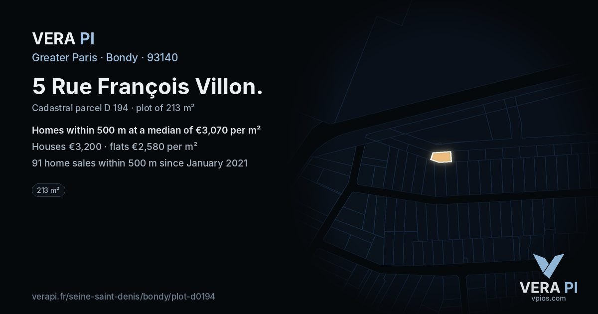 5 Rue François Villon, Bondy at night – the plot lit, the parcels around coloured by the prices near them