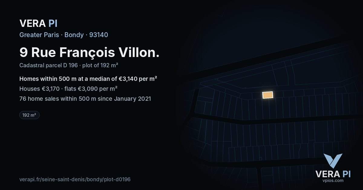 9 Rue François Villon, Bondy at night – the plot lit, the parcels around coloured by the prices near them