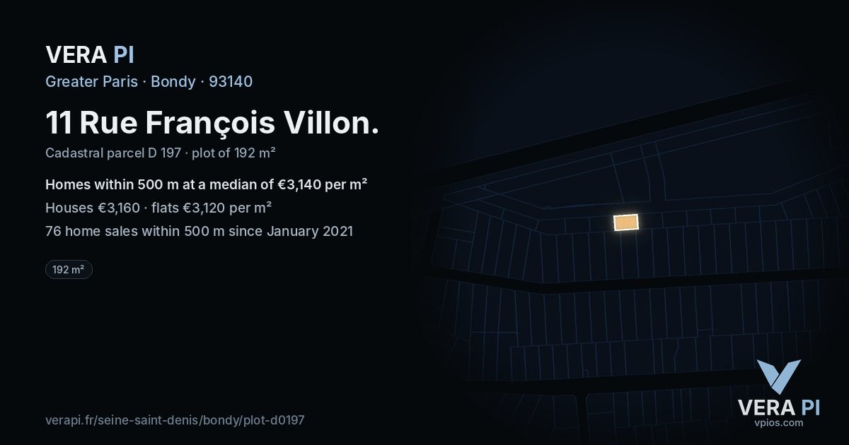 11 Rue François Villon, Bondy at night – the plot lit, the parcels around coloured by the prices near them