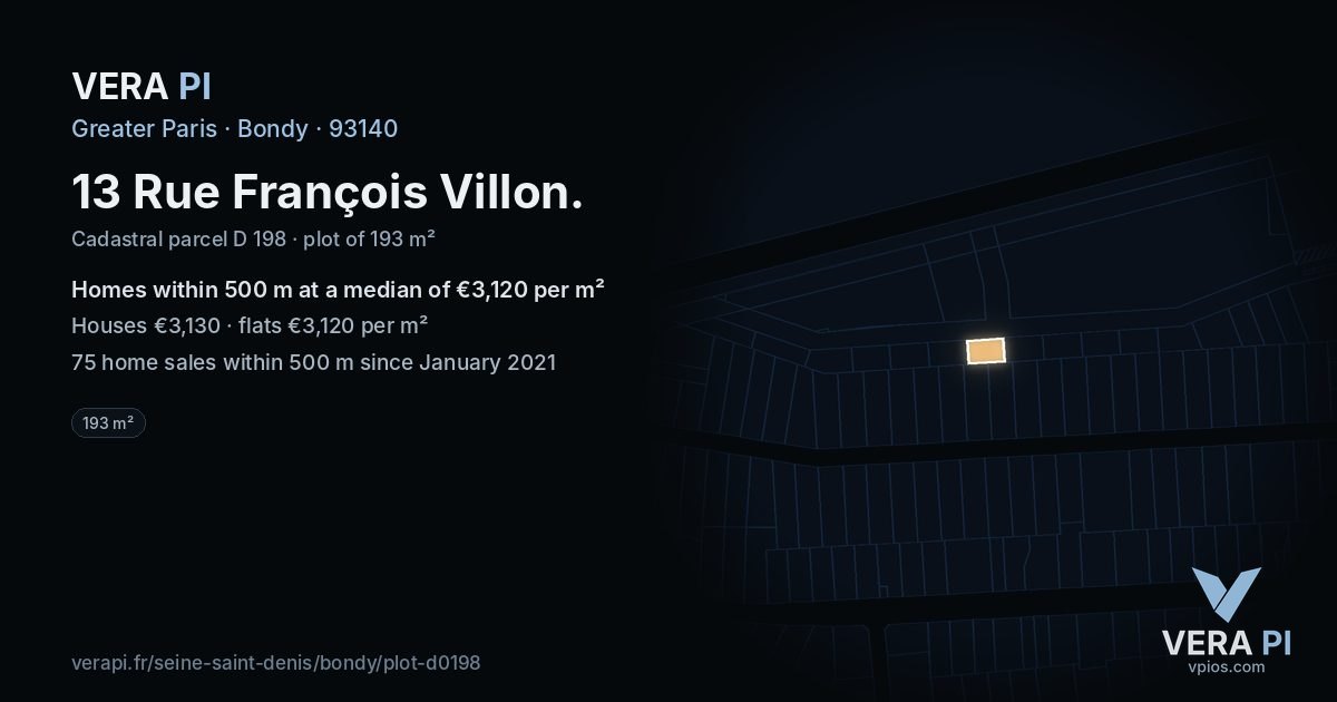 13 Rue François Villon, Bondy at night – the plot lit, the parcels around coloured by the prices near them