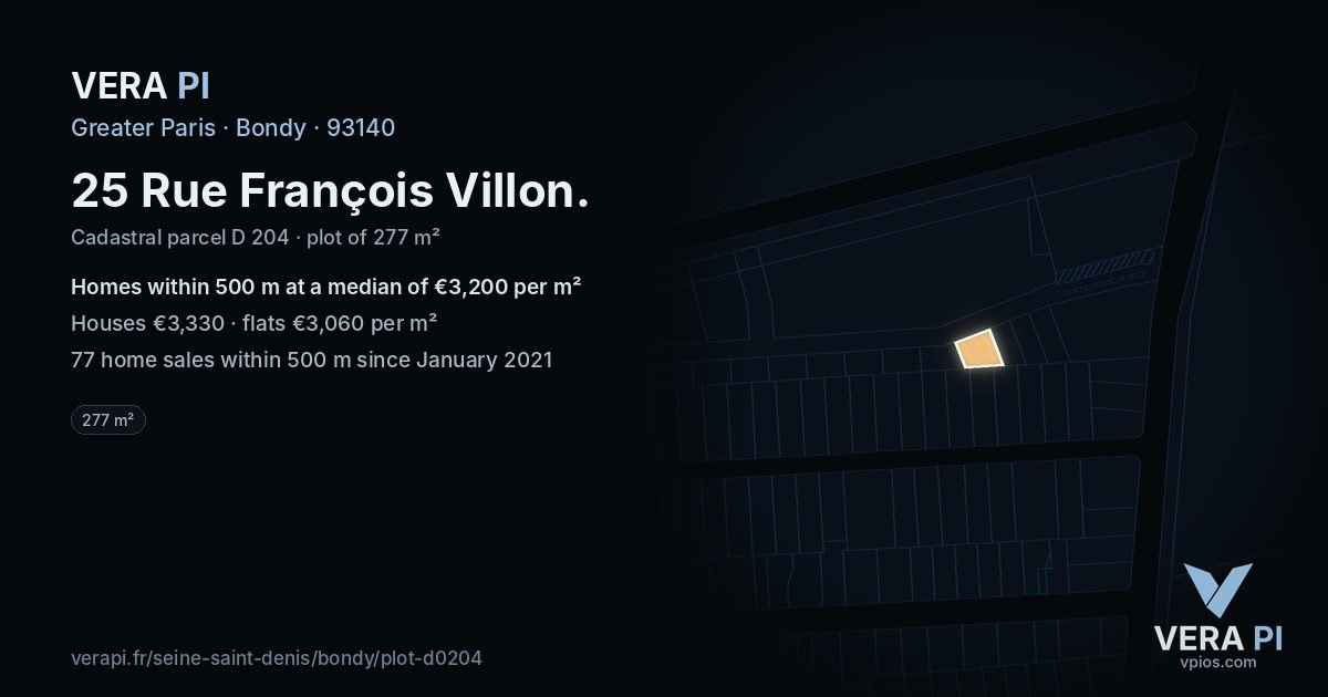 25 Rue François Villon, Bondy at night – the plot lit, the parcels around coloured by the prices near them