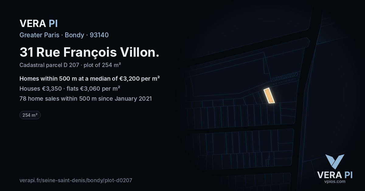 31 Rue François Villon, Bondy at night – the plot lit, the parcels around coloured by the prices near them