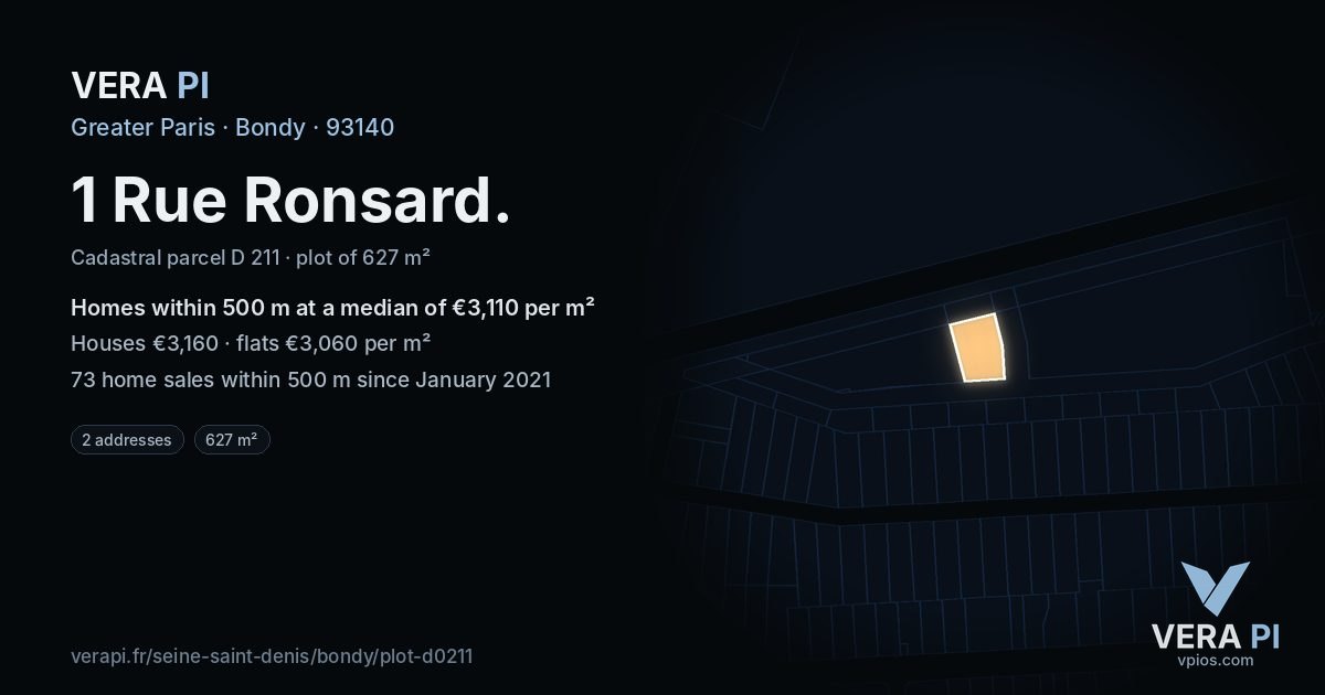1 Rue Ronsard, Bondy at night – the plot lit, the parcels around coloured by the prices near them