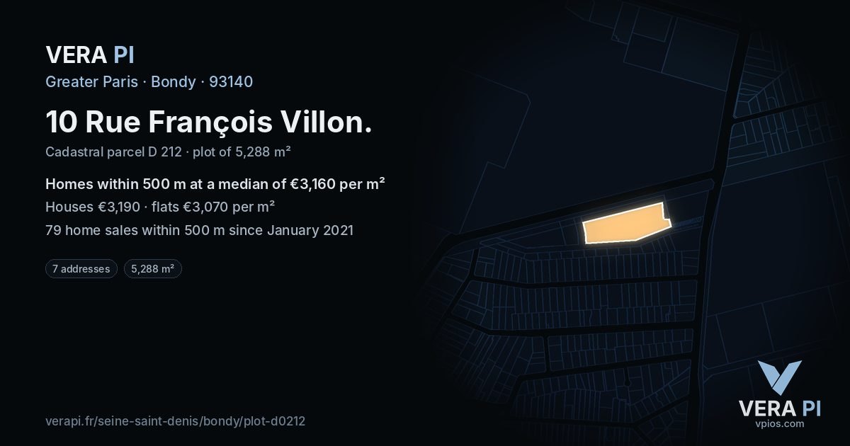 10 Rue François Villon, Bondy at night – the plot lit, the parcels around coloured by the prices near them