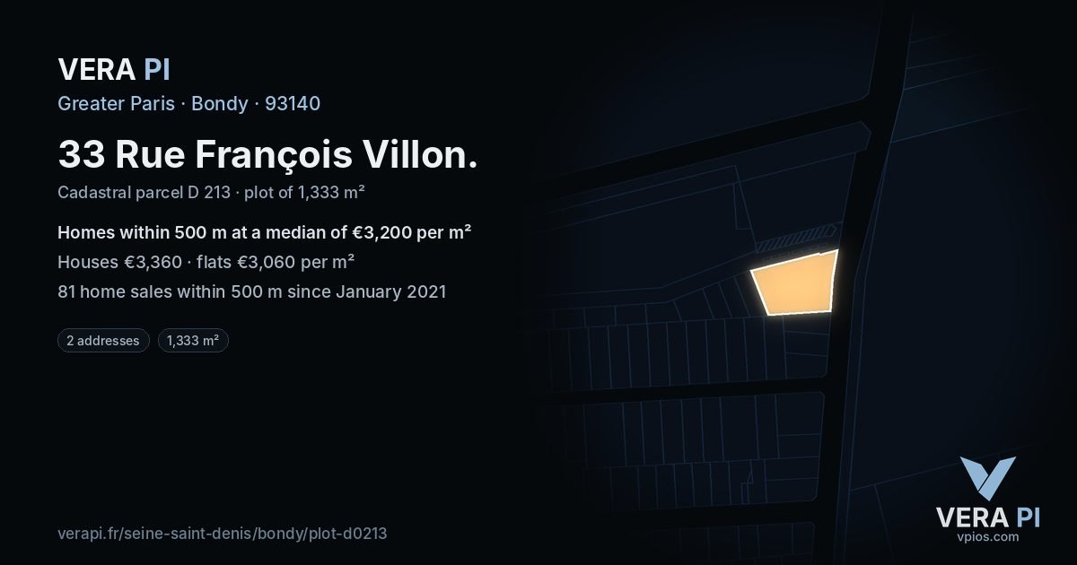 33 Rue François Villon, Bondy at night – the plot lit, the parcels around coloured by the prices near them