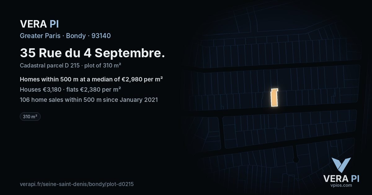 35 Rue du 4 Septembre, Bondy at night – the plot lit, the parcels around coloured by the prices near them