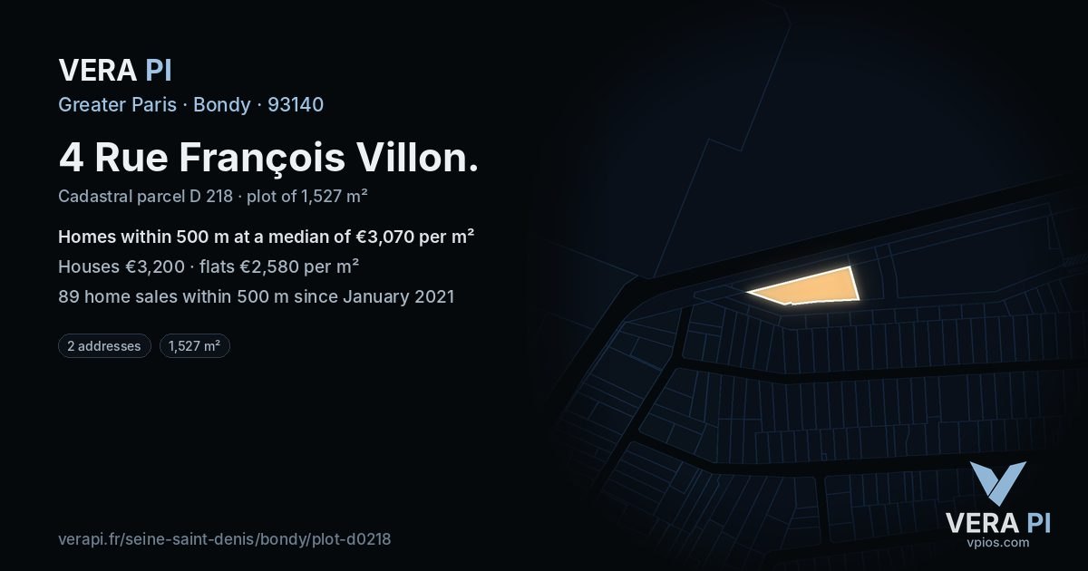 4 Rue François Villon, Bondy at night – the plot lit, the parcels around coloured by the prices near them