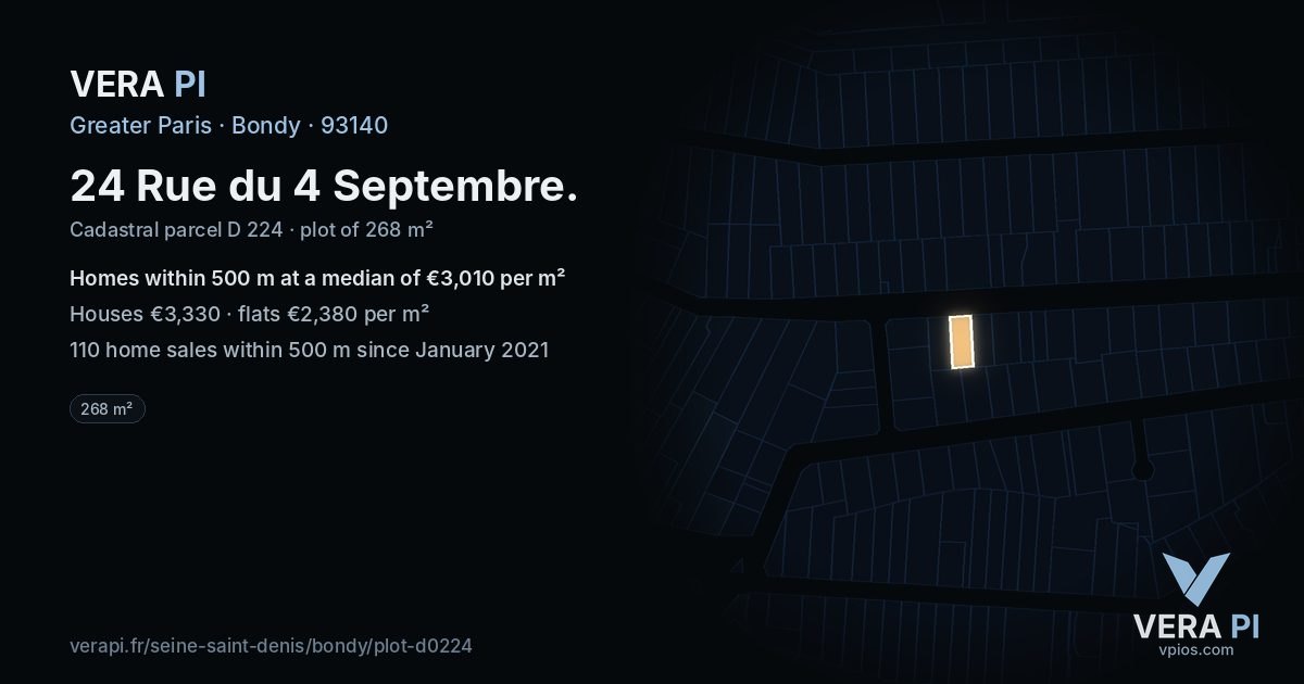 24 Rue du 4 Septembre, Bondy at night – the plot lit, the parcels around coloured by the prices near them