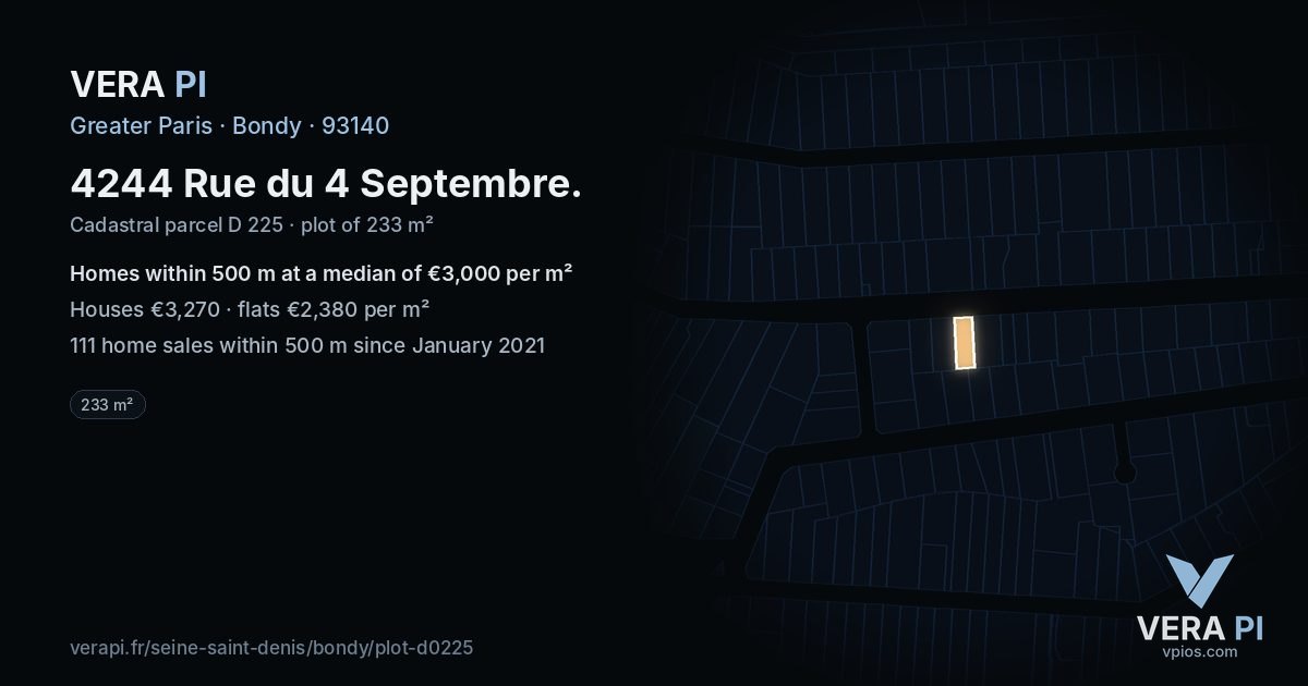 4244 Rue du 4 Septembre, Bondy at night – the plot lit, the parcels around coloured by the prices near them