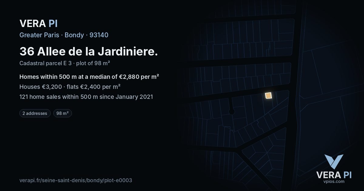 36 Allee de la Jardiniere, Bondy at night – the plot lit, the parcels around coloured by the prices near them