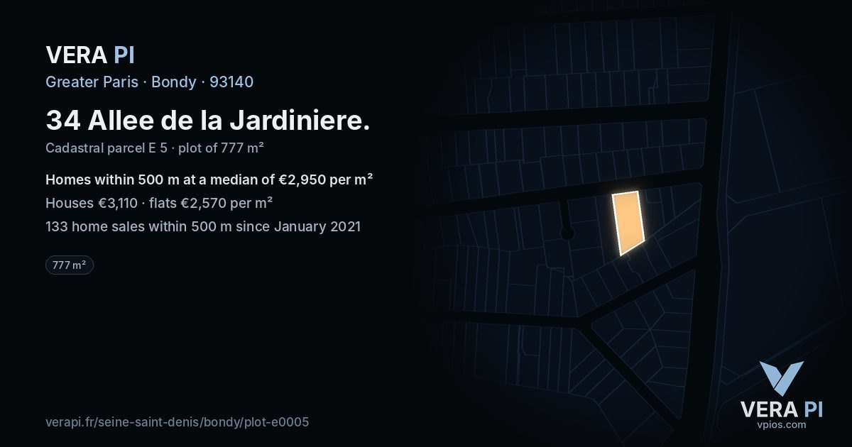 34 Allee de la Jardiniere, Bondy at night – the plot lit, the parcels around coloured by the prices near them