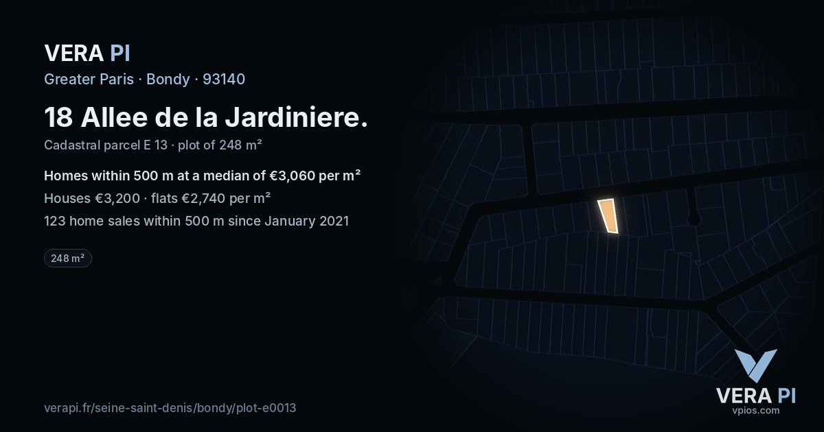 18 Allee de la Jardiniere, Bondy at night – the plot lit, the parcels around coloured by the prices near them