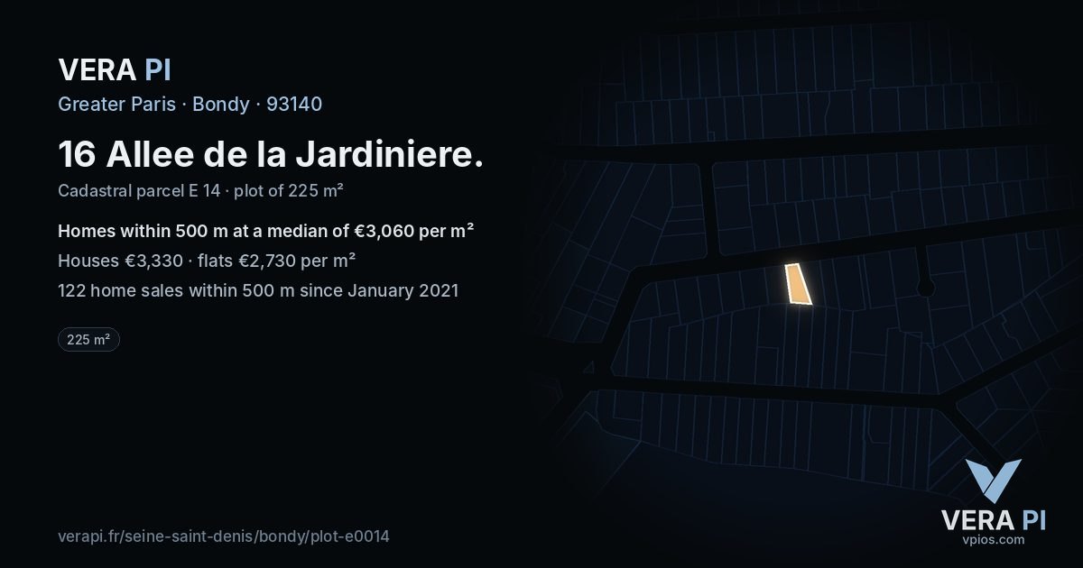 16 Allee de la Jardiniere, Bondy at night – the plot lit, the parcels around coloured by the prices near them