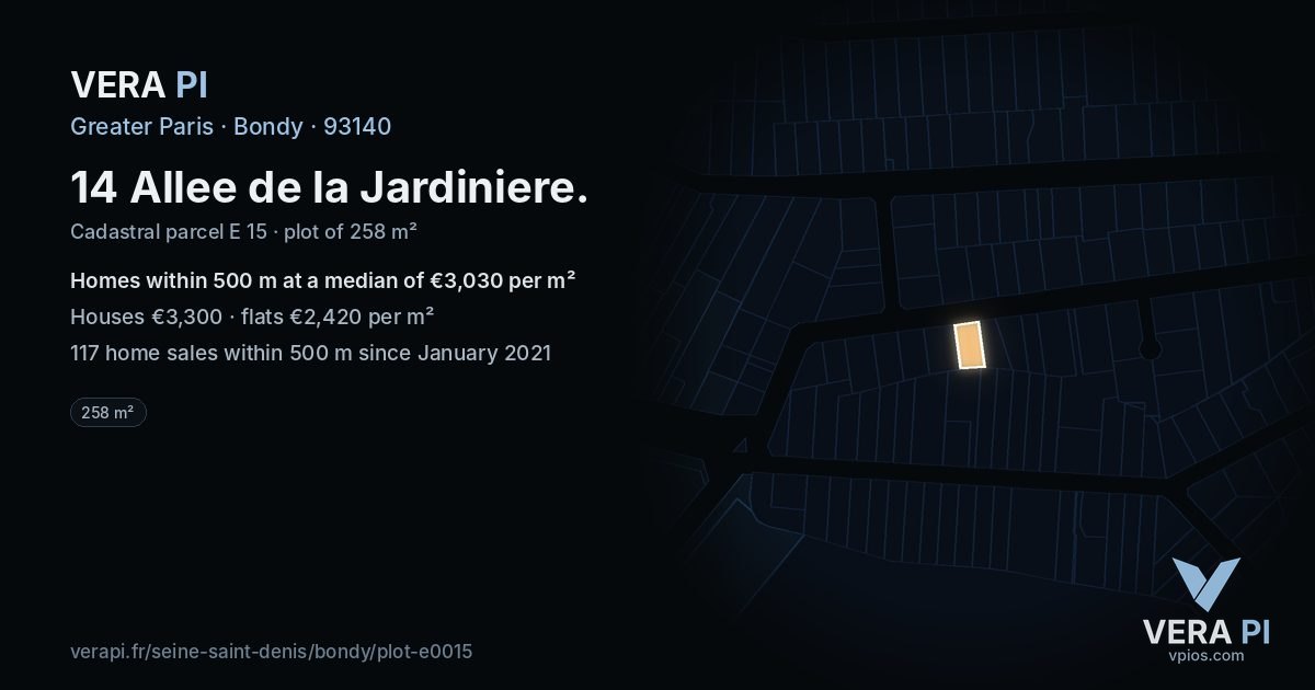 14 Allee de la Jardiniere, Bondy at night – the plot lit, the parcels around coloured by the prices near them
