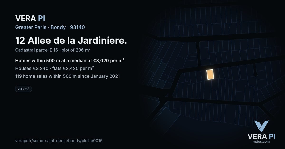 12 Allee de la Jardiniere, Bondy at night – the plot lit, the parcels around coloured by the prices near them
