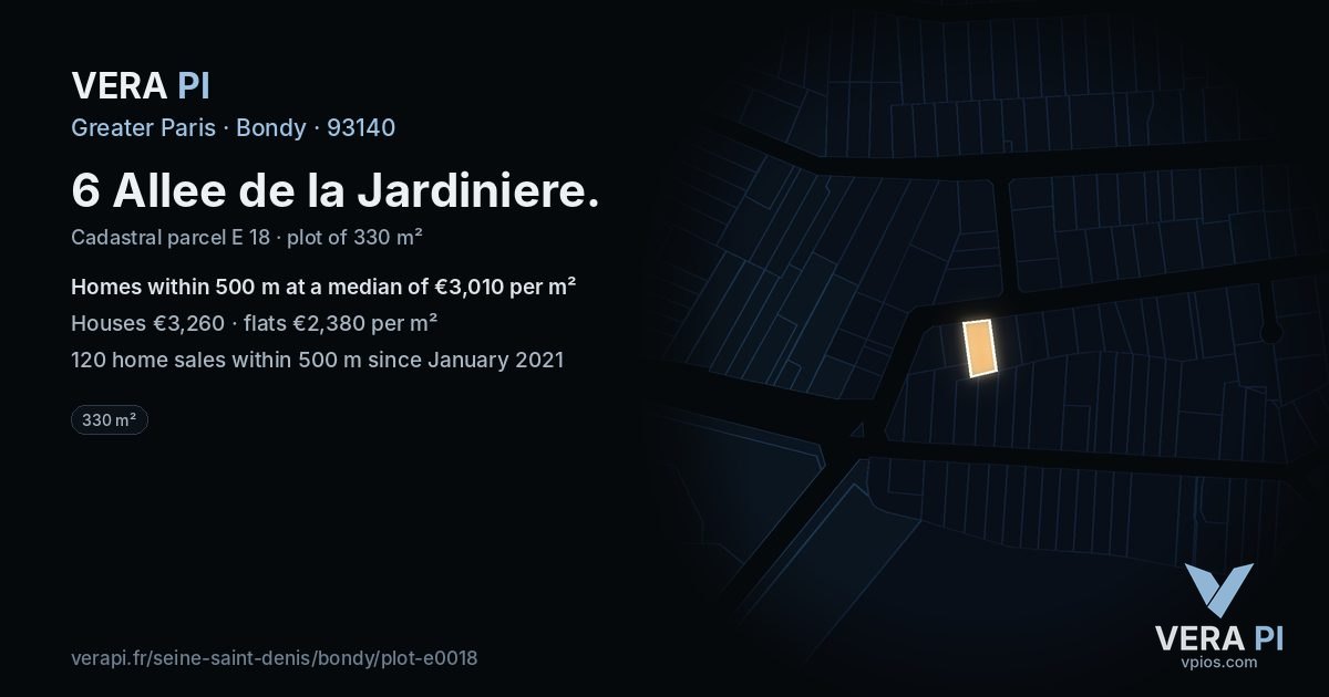 6 Allee de la Jardiniere, Bondy at night – the plot lit, the parcels around coloured by the prices near them