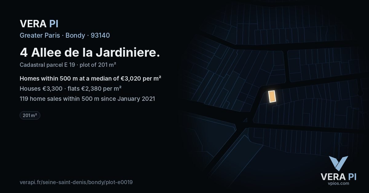 4 Allee de la Jardiniere, Bondy at night – the plot lit, the parcels around coloured by the prices near them