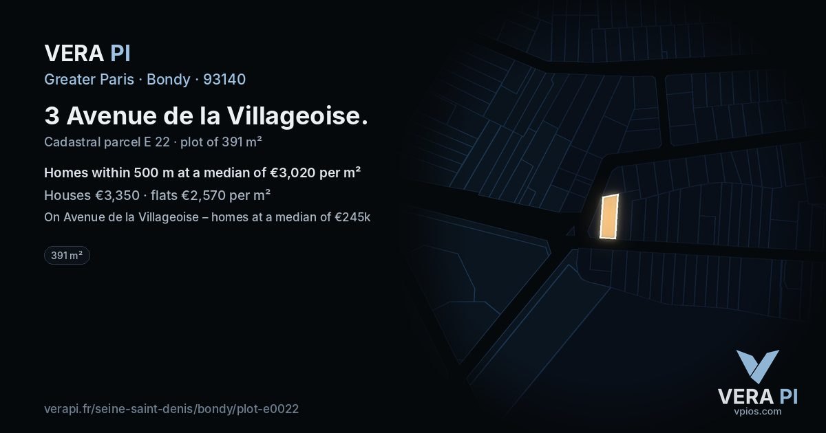 3 Avenue de la Villageoise, Bondy at night – the plot lit, the parcels around coloured by the prices near them