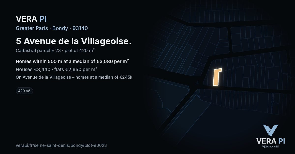5 Avenue de la Villageoise, Bondy at night – the plot lit, the parcels around coloured by the prices near them