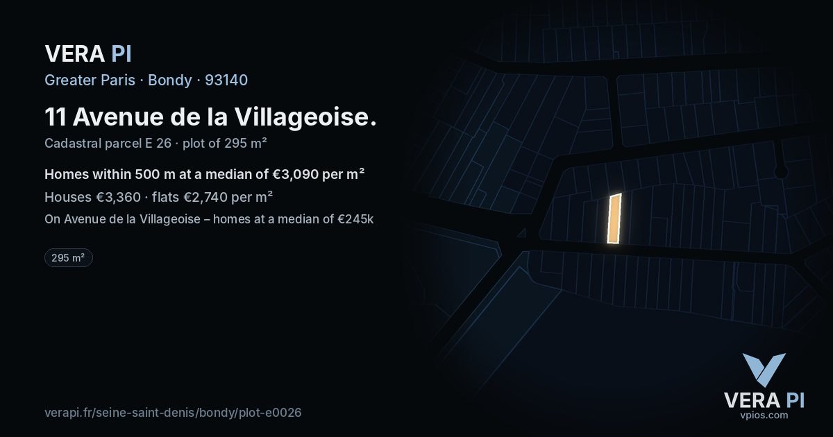 11 Avenue de la Villageoise, Bondy at night – the plot lit, the parcels around coloured by the prices near them