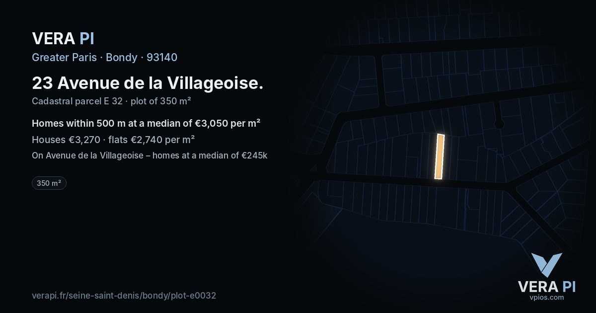 23 Avenue de la Villageoise, Bondy at night – the plot lit, the parcels around coloured by the prices near them