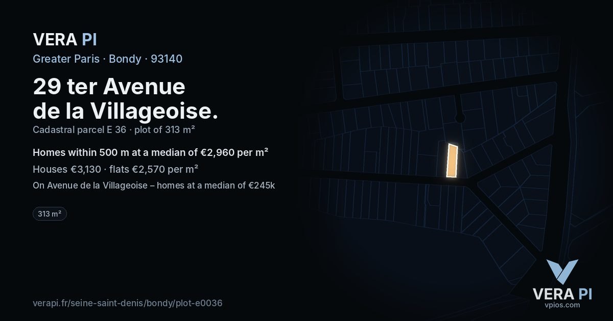 29 ter Avenue de la Villageoise, Bondy at night – the plot lit, the parcels around coloured by the prices near them