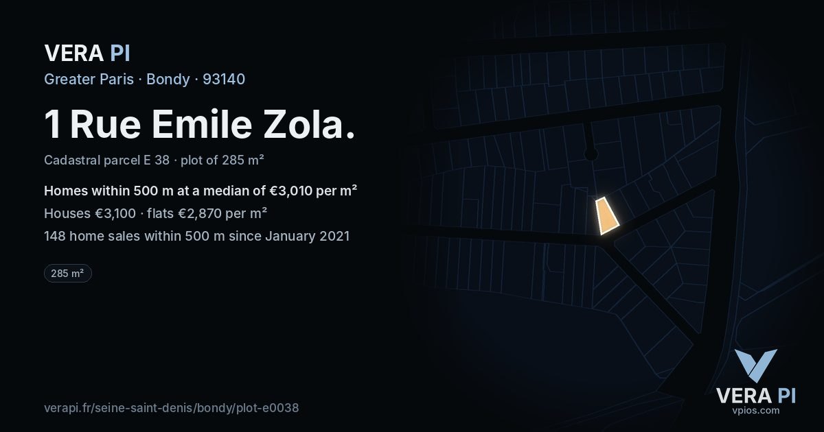 1 Rue Emile Zola, Bondy at night – the plot lit, the parcels around coloured by the prices near them