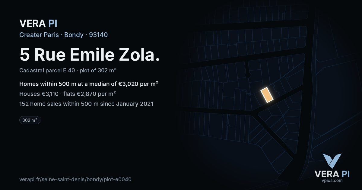 5 Rue Emile Zola, Bondy at night – the plot lit, the parcels around coloured by the prices near them