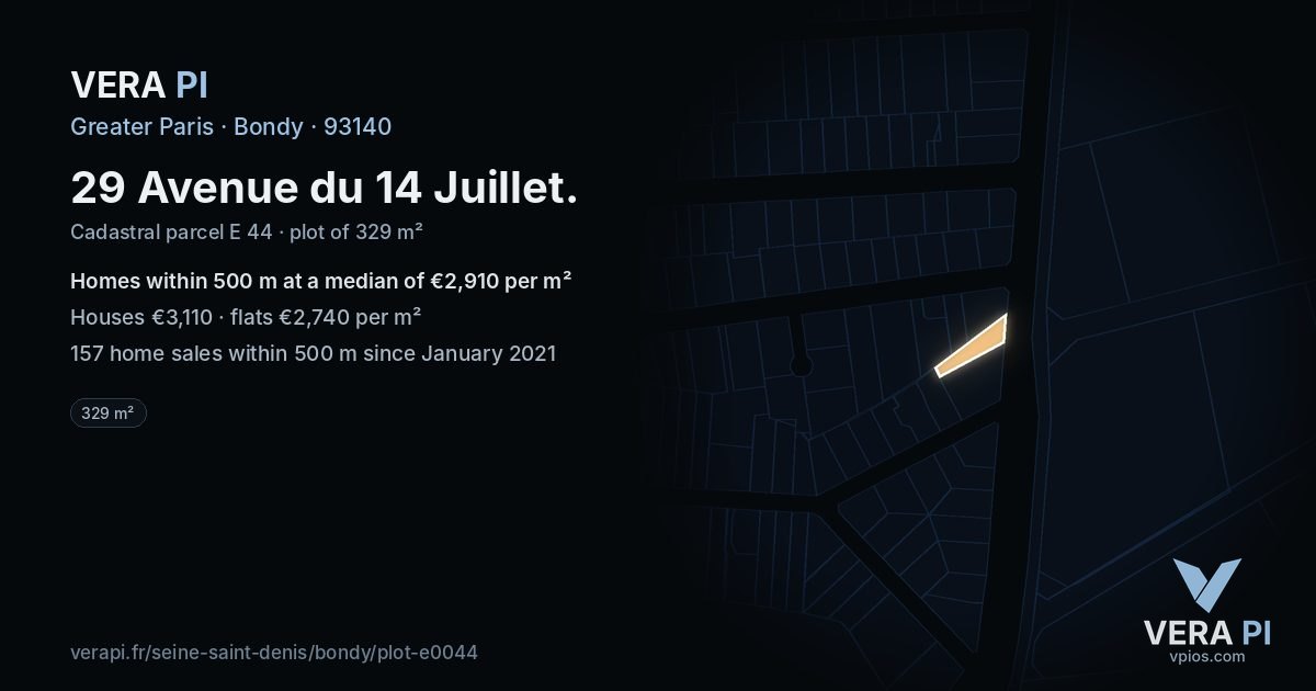29 Avenue du 14 Juillet, Bondy at night – the plot lit, the parcels around coloured by the prices near them