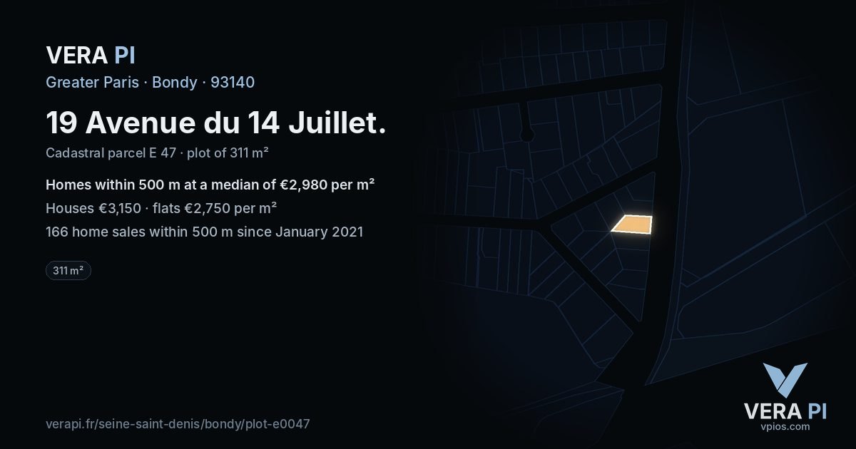 19 Avenue du 14 Juillet, Bondy at night – the plot lit, the parcels around coloured by the prices near them