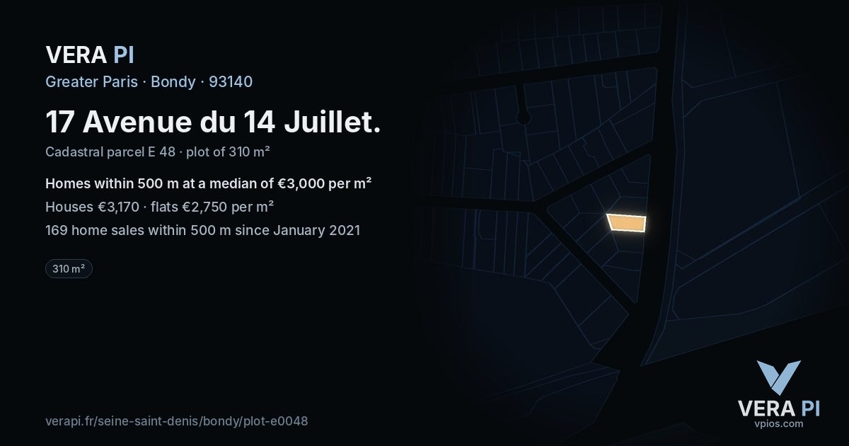17 Avenue du 14 Juillet, Bondy at night – the plot lit, the parcels around coloured by the prices near them