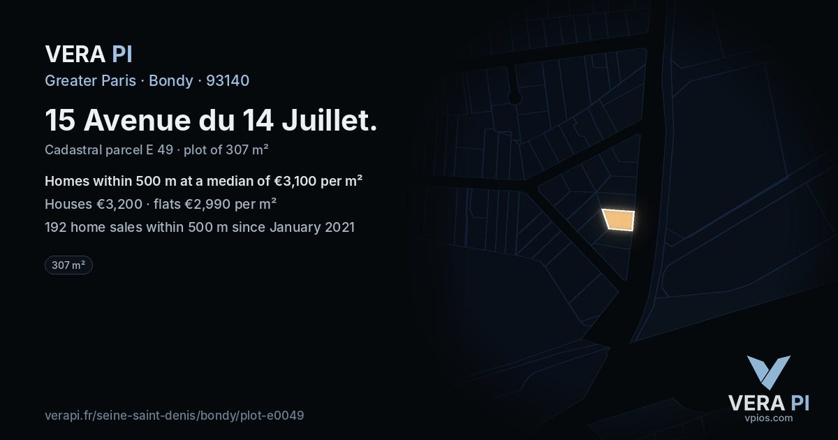 15 Avenue du 14 Juillet, Bondy at night – the plot lit, the parcels around coloured by the prices near them