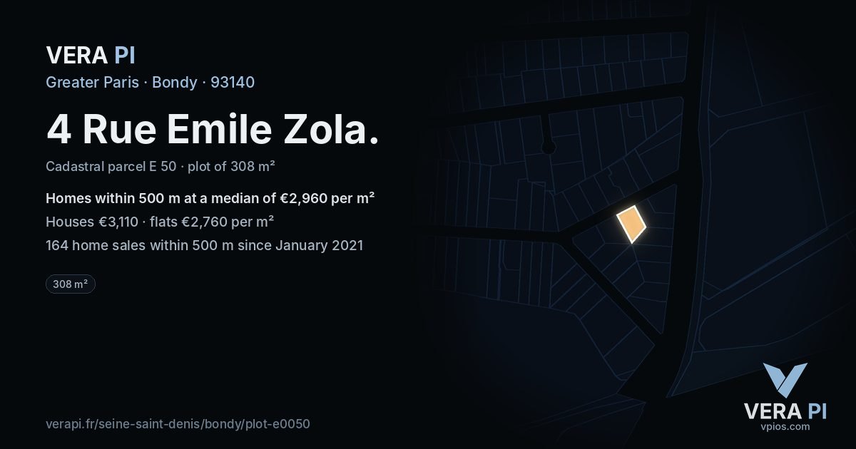 4 Rue Emile Zola, Bondy at night – the plot lit, the parcels around coloured by the prices near them
