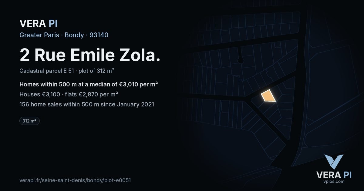 2 Rue Emile Zola, Bondy at night – the plot lit, the parcels around coloured by the prices near them