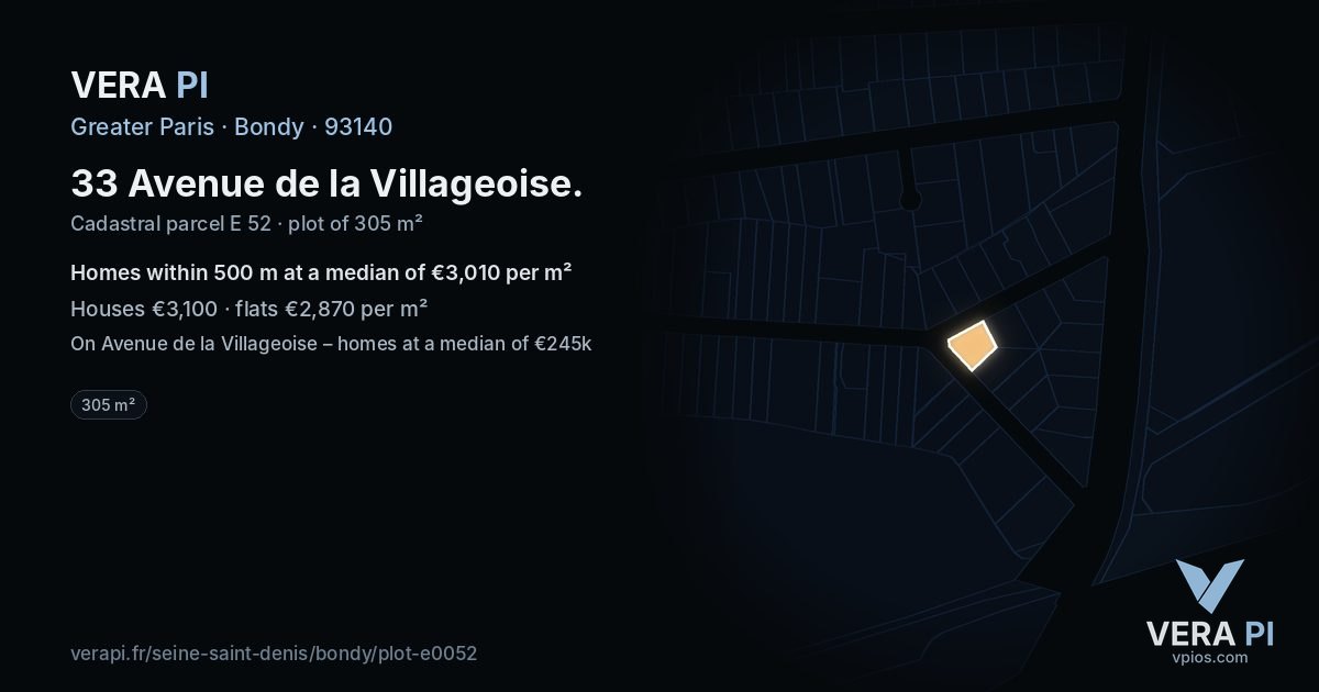 33 Avenue de la Villageoise, Bondy at night – the plot lit, the parcels around coloured by the prices near them