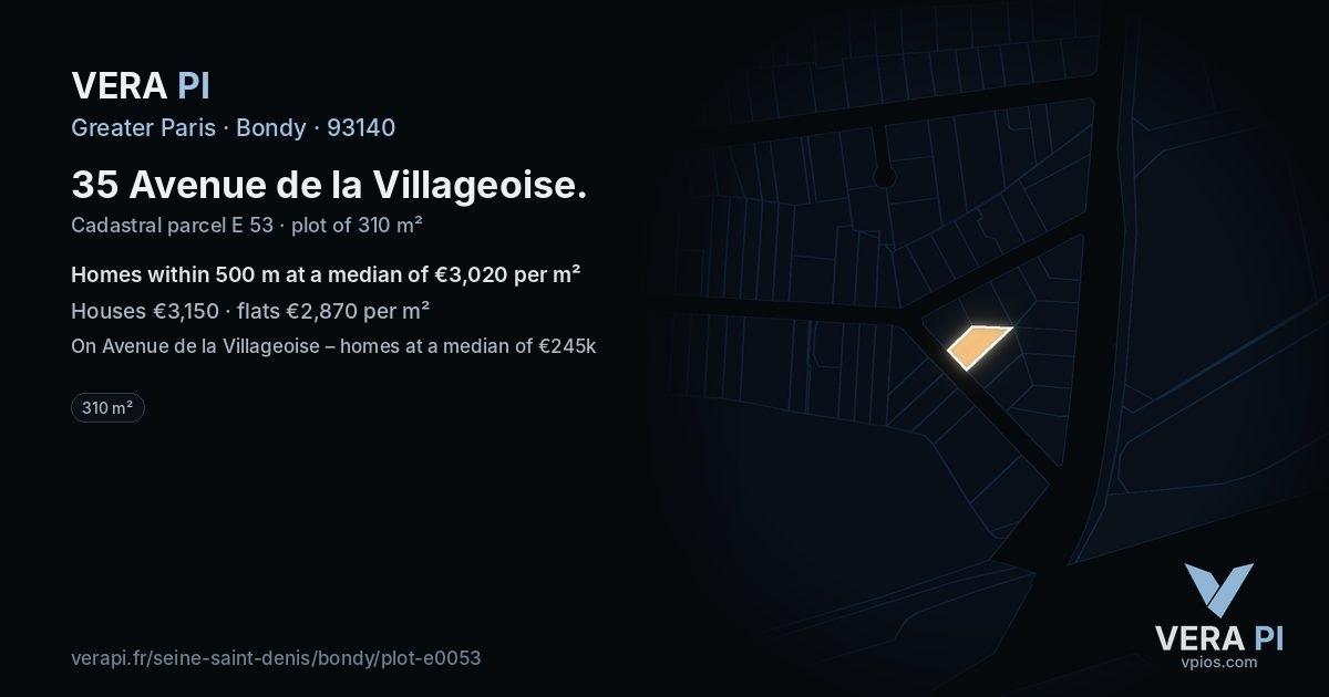 35 Avenue de la Villageoise, Bondy at night – the plot lit, the parcels around coloured by the prices near them