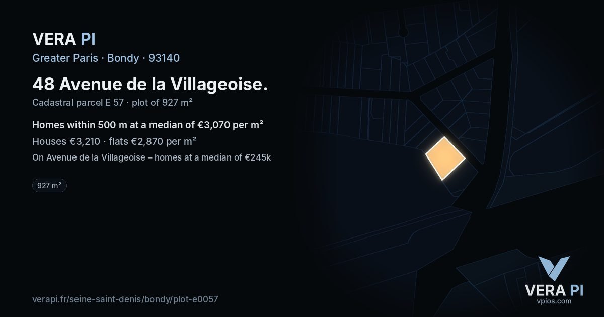 48 Avenue de la Villageoise, Bondy at night – the plot lit, the parcels around coloured by the prices near them