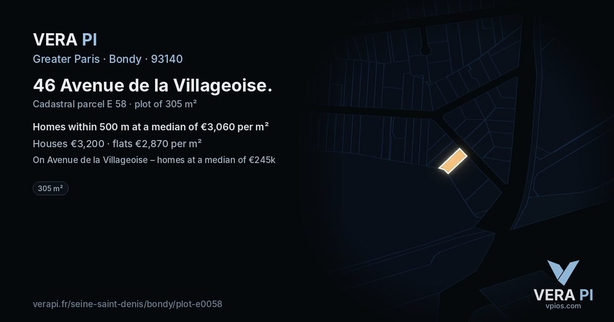 46 Avenue de la Villageoise, Bondy at night – the plot lit, the parcels around coloured by the prices near them