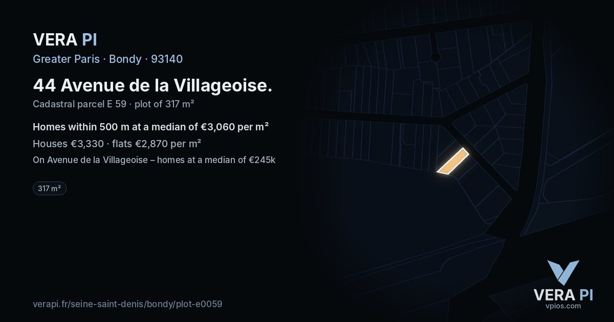 44 Avenue de la Villageoise, Bondy at night – the plot lit, the parcels around coloured by the prices near them