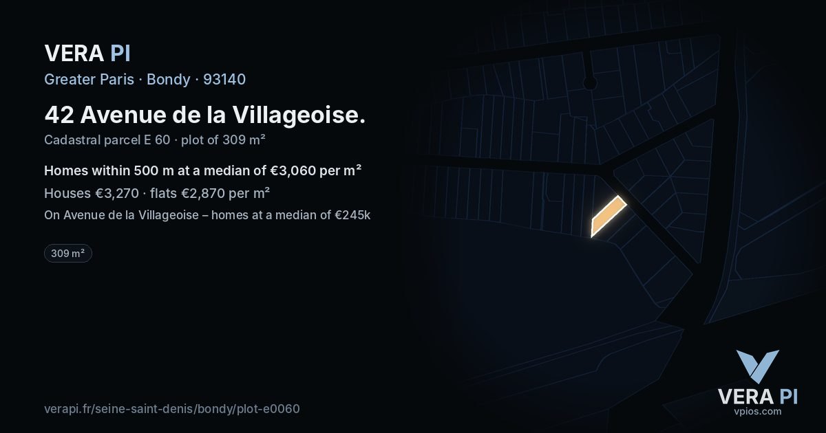 42 Avenue de la Villageoise, Bondy at night – the plot lit, the parcels around coloured by the prices near them