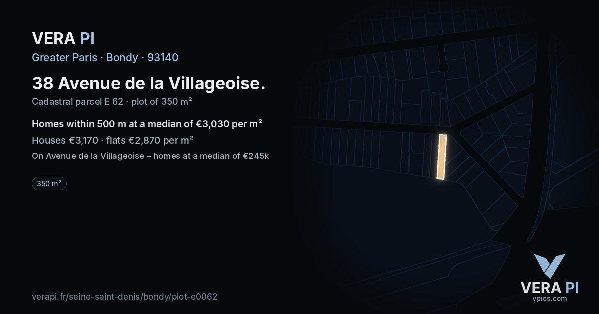 38 Avenue de la Villageoise, Bondy at night – the plot lit, the parcels around coloured by the prices near them