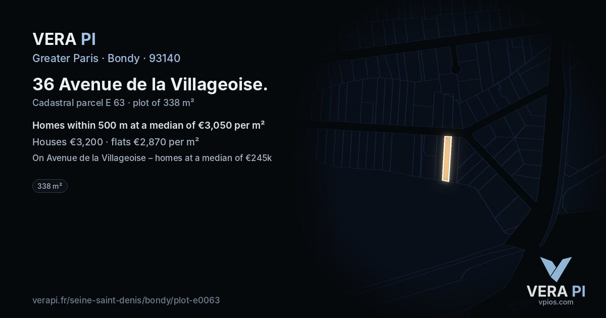 36 Avenue de la Villageoise, Bondy at night – the plot lit, the parcels around coloured by the prices near them