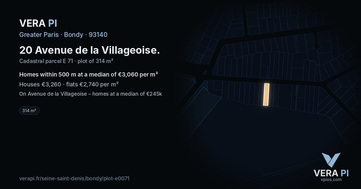 20 Avenue de la Villageoise, Bondy at night – the plot lit, the parcels around coloured by the prices near them