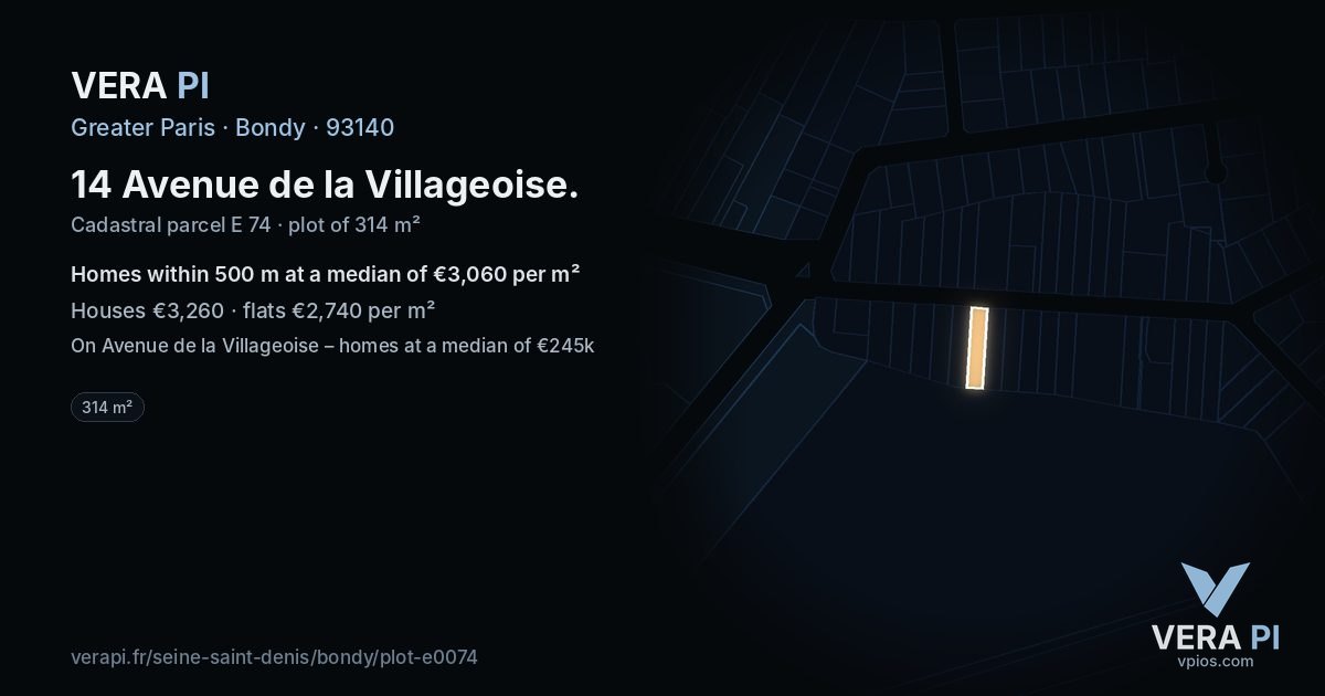 14 Avenue de la Villageoise, Bondy at night – the plot lit, the parcels around coloured by the prices near them