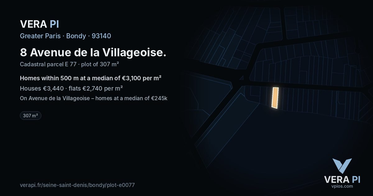 8 Avenue de la Villageoise, Bondy at night – the plot lit, the parcels around coloured by the prices near them
