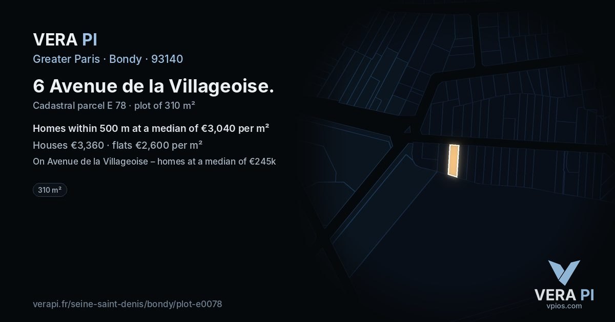 6 Avenue de la Villageoise, Bondy at night – the plot lit, the parcels around coloured by the prices near them