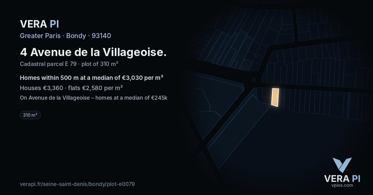 4 Avenue de la Villageoise, Bondy at night – the plot lit, the parcels around coloured by the prices near them